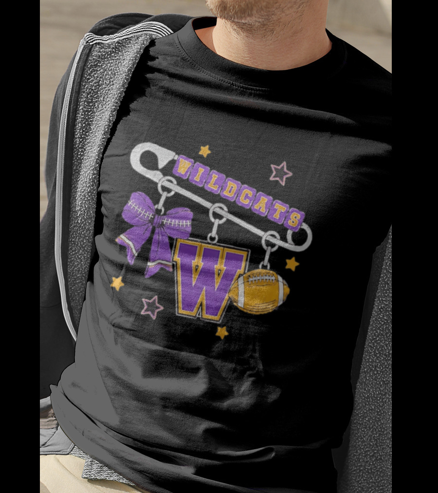 Wildcats Safety Pin Bow W Football Charm Distressed T-Shirt