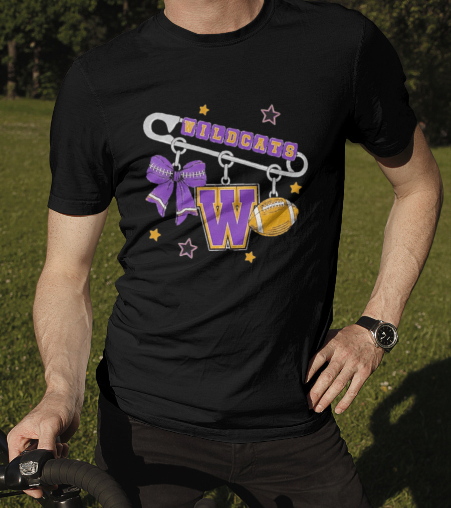 Wildcats Safety Pin Bow W Football Charm Distressed T-Shirt