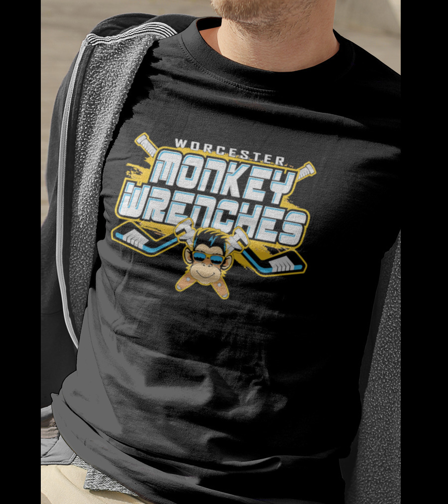 Worcester Monkey Wrenches Hockey Player Monkey With Crossed Wrenches And Hockey Sticks T-Shirt