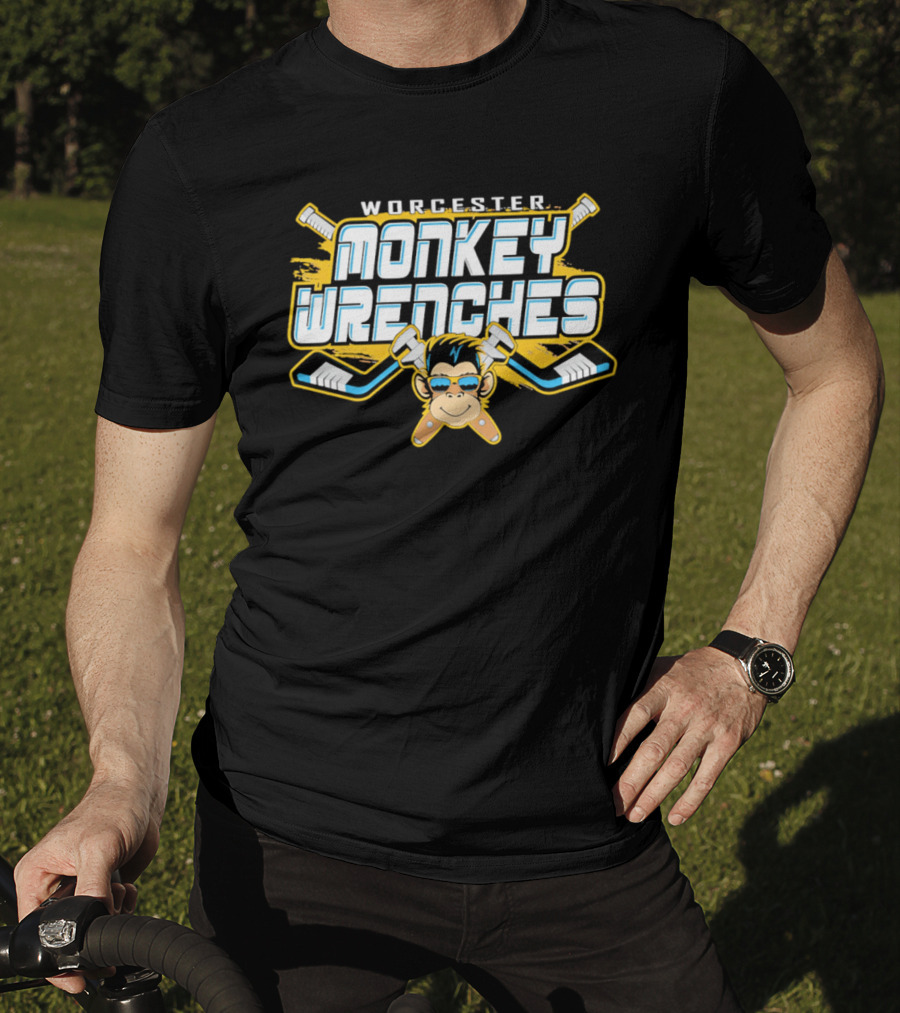 Worcester Monkey Wrenches Hockey Player Monkey With Crossed Wrenches And Hockey Sticks T-Shirt