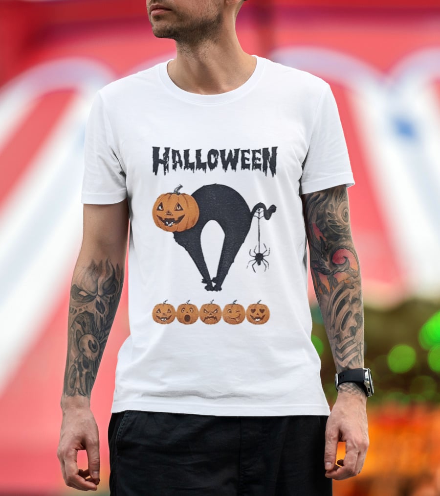 Halloween Pumpkin Cat Black Spider Five Jack O' Lanterns T-Shirt