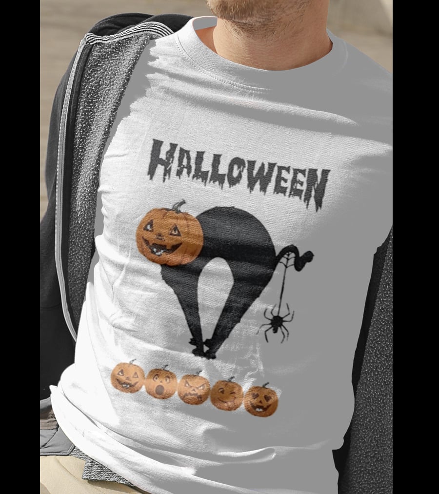 Halloween Pumpkin Cat Black Spider Five Jack O' Lanterns T-Shirt