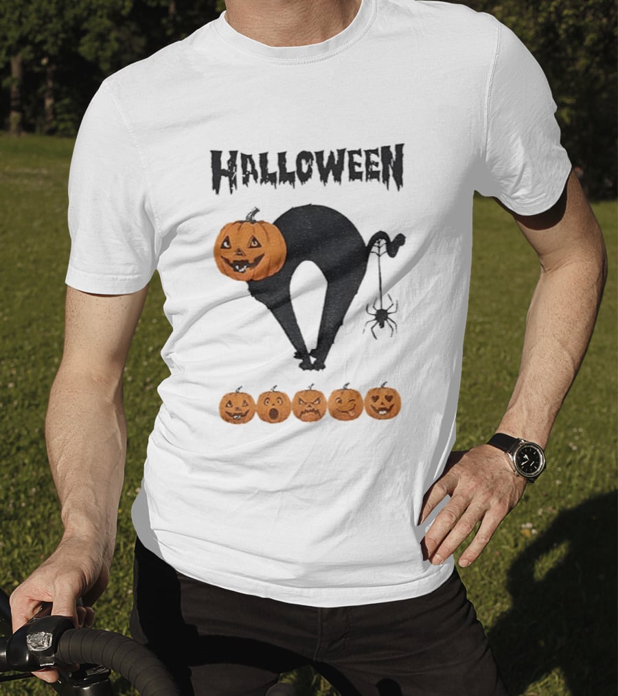Halloween Pumpkin Cat Black Spider Five Jack O' Lanterns T-Shirt