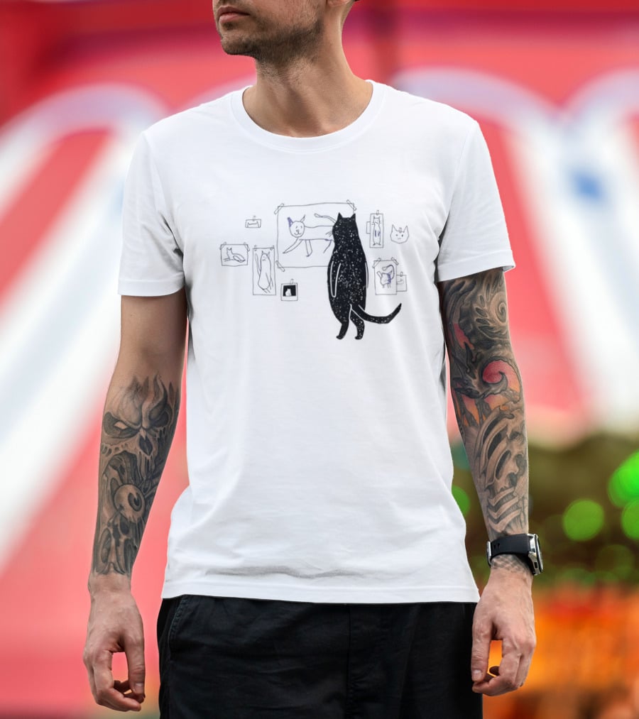 Black Cat Standing Looking At Sketches Line Drawing Wall Gallery T-Shirt