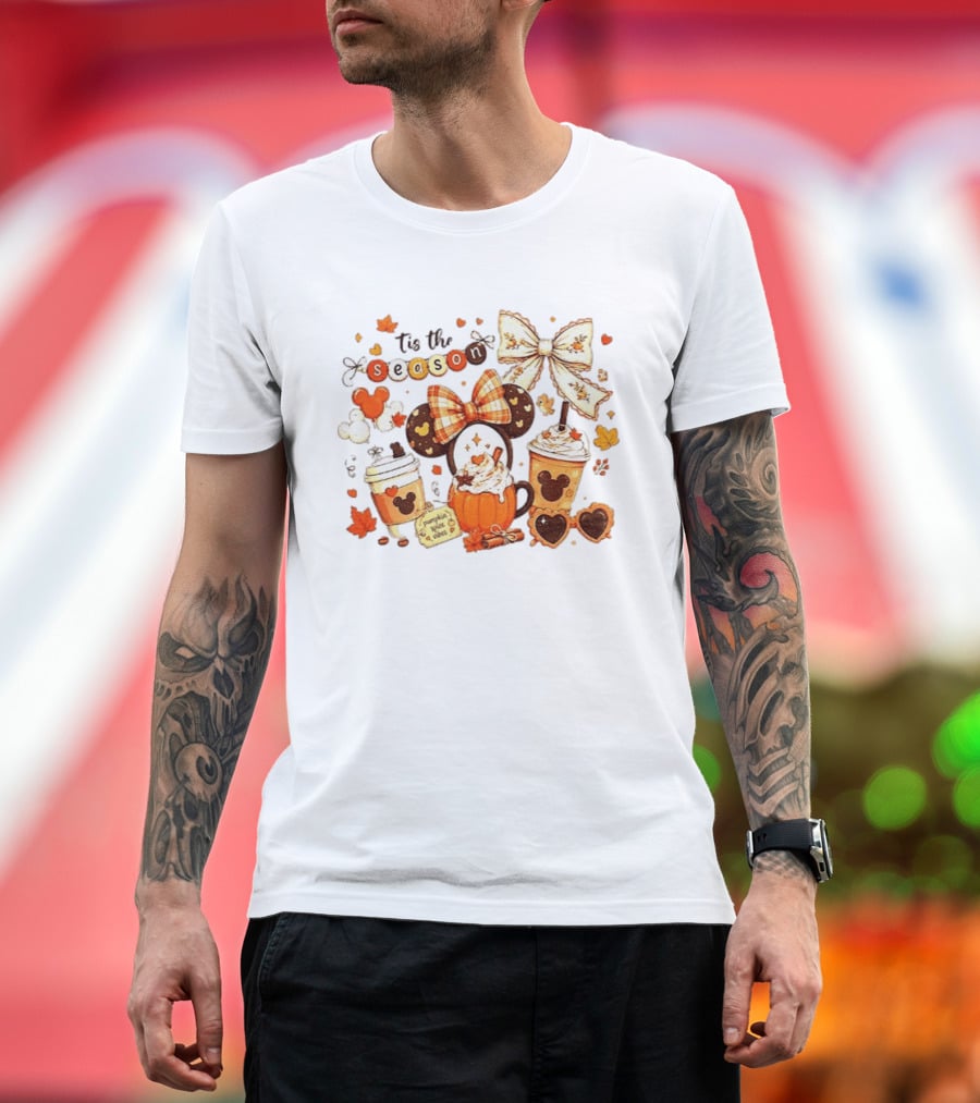 Tis The Season Disney Pumpkin Spice Autumn Coffee Ears And Bows T-Shirt