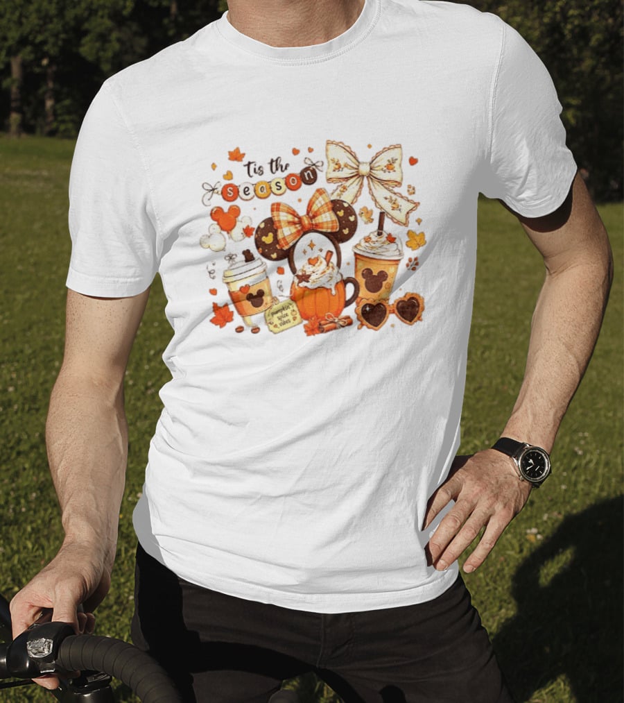 Tis The Season Disney Pumpkin Spice Autumn Coffee Ears And Bows T-Shirt