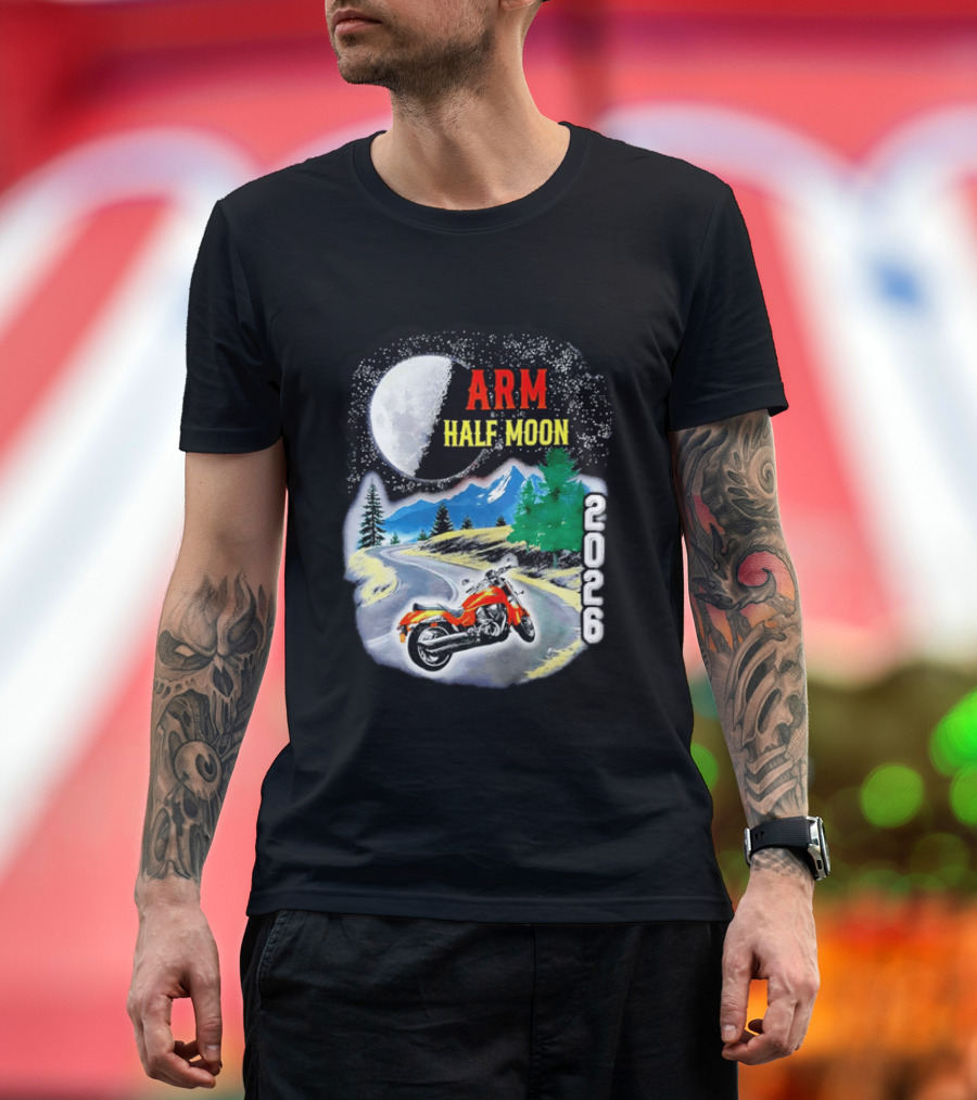 Arm Half Moon 2026 Orange Motorcycle Winding Mountain Road Night Sky T-Shirt