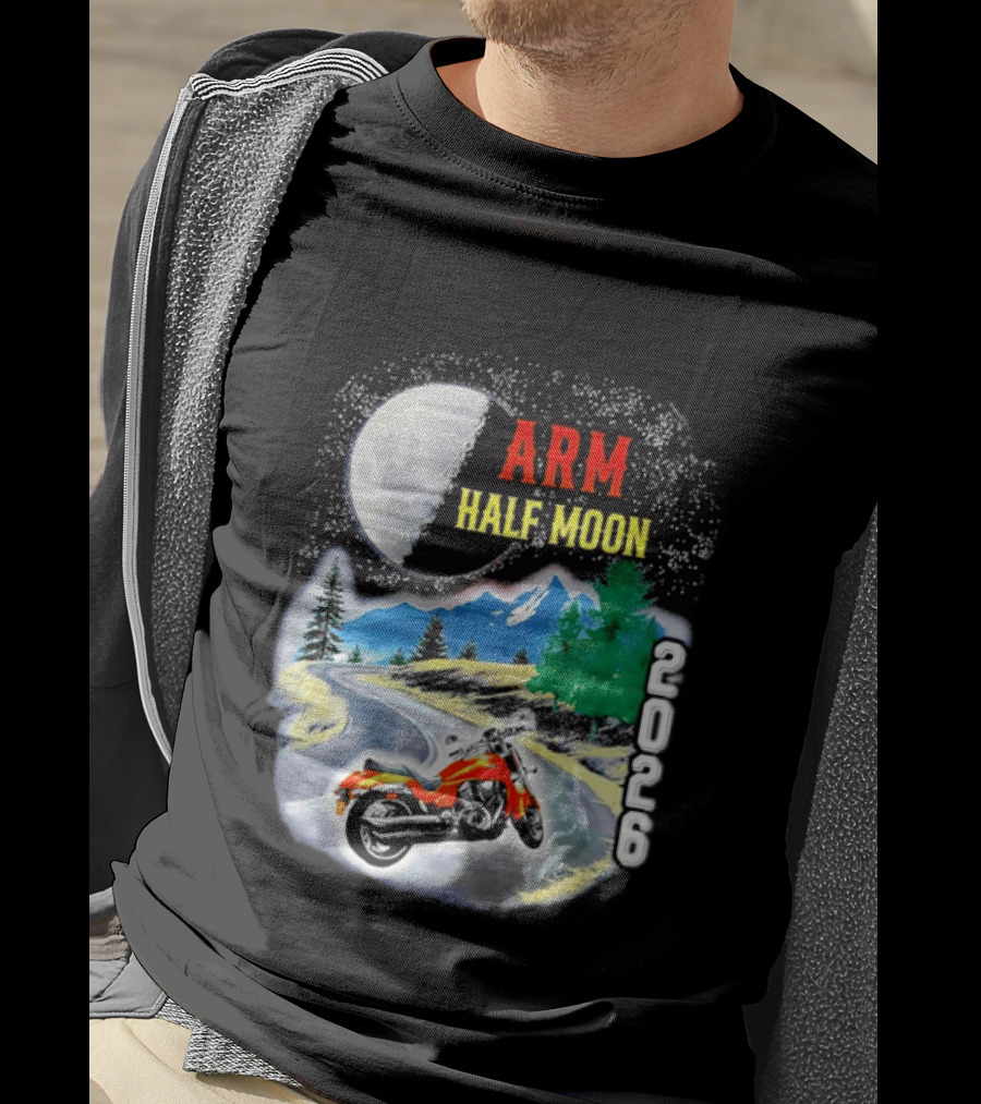 Arm Half Moon 2026 Orange Motorcycle Winding Mountain Road Night Sky T-Shirt