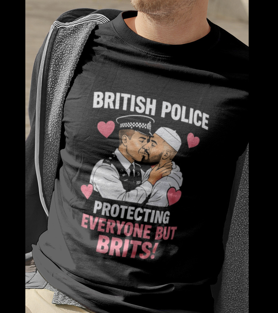 British Police Protecting Everyone But Brits Kissing Illustration With Hearts T-Shirt