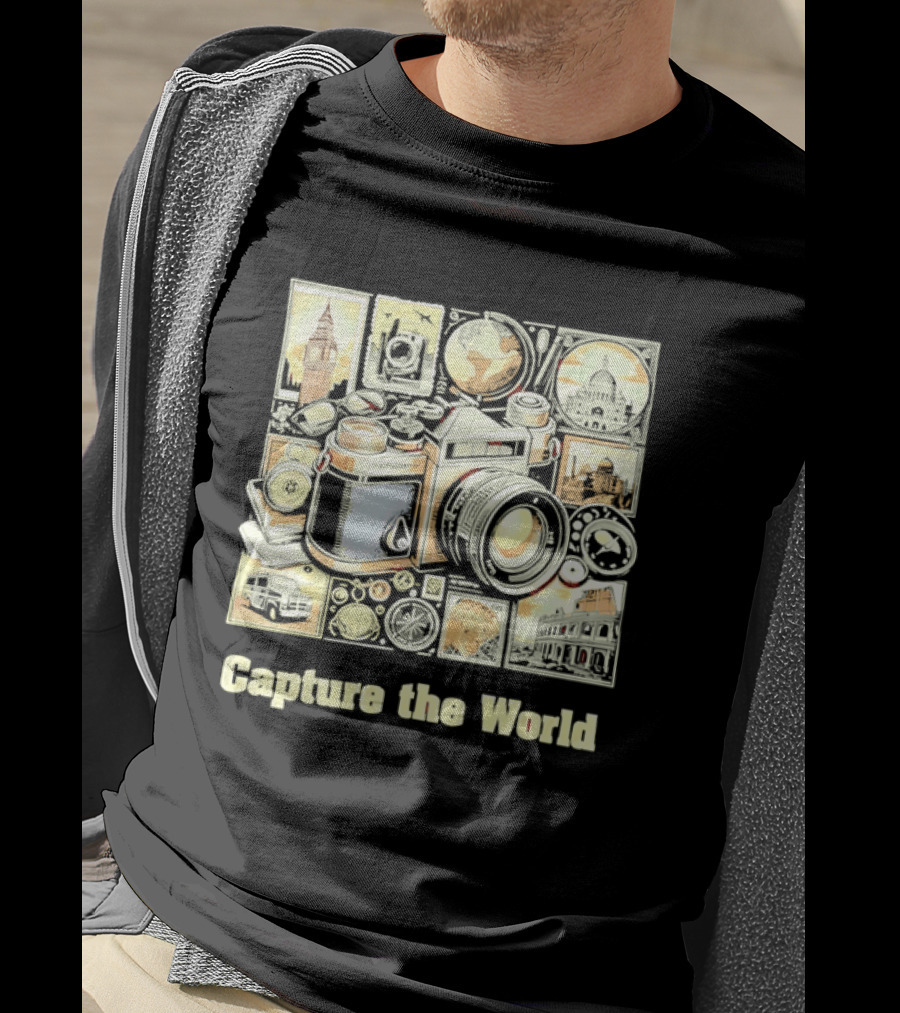 Capture The World Camera Globe Travel Landmarks Compass T-Shirt