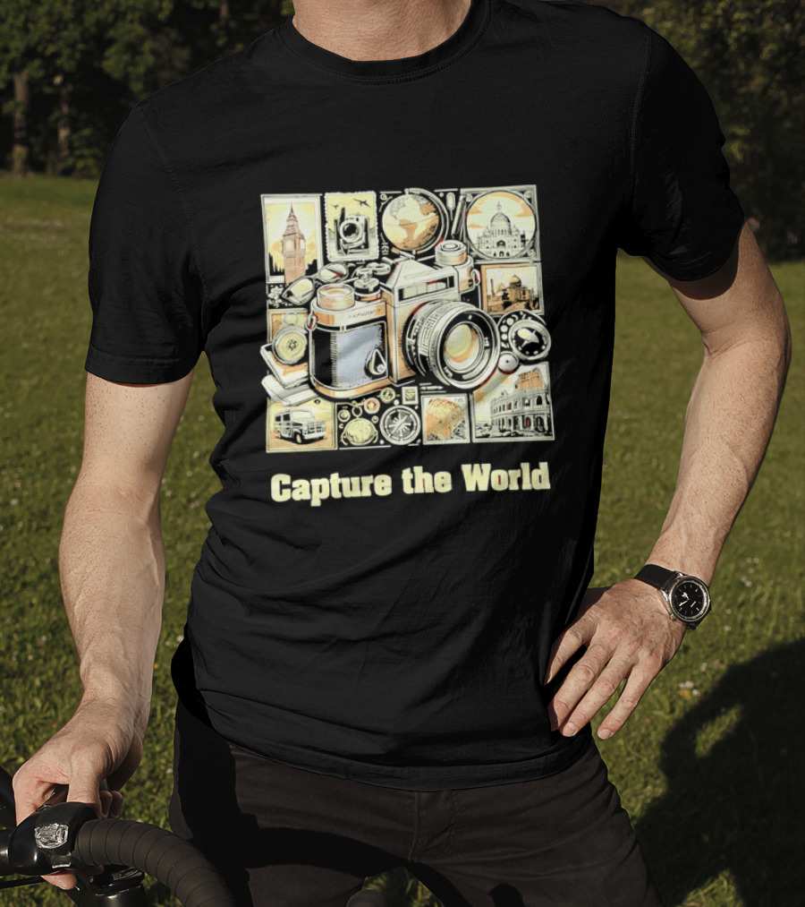Capture The World Camera Globe Travel Landmarks Compass T-Shirt