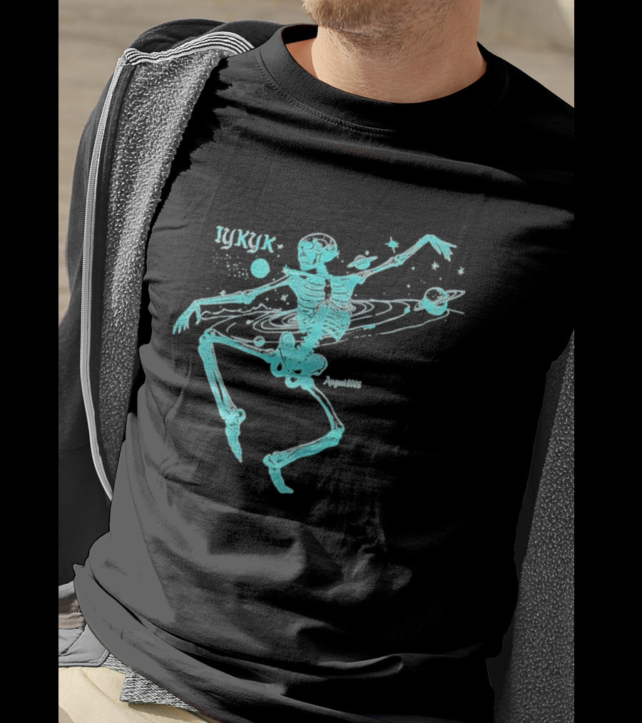 Iykyk August 2026 Cyan Dancing Skeleton With Space Orbit Sketch T-Shirt
