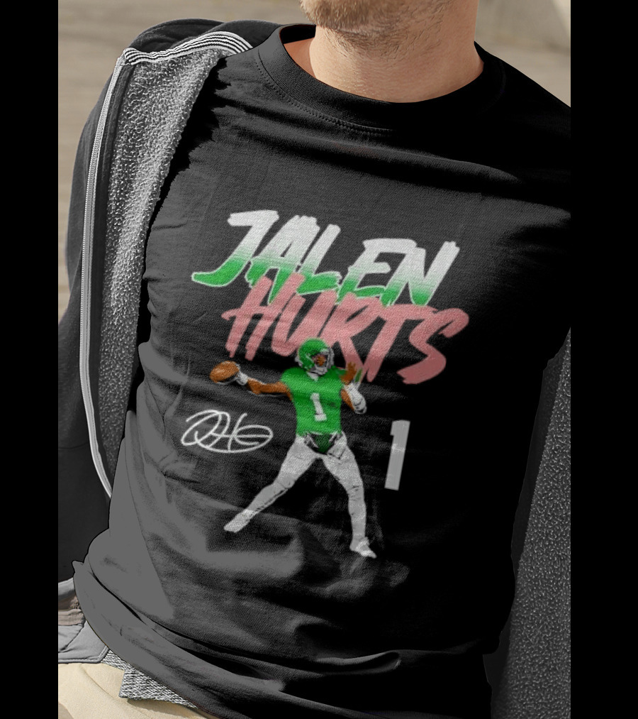 Jalen Hurts Quarterback Throwing Football Jersey Number 1 Signature Green T-Shirt