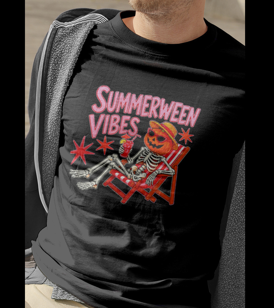 Summerween Vibes Skeleton Pumpkin Sunglasses Lounge Chair Drink T-Shirt