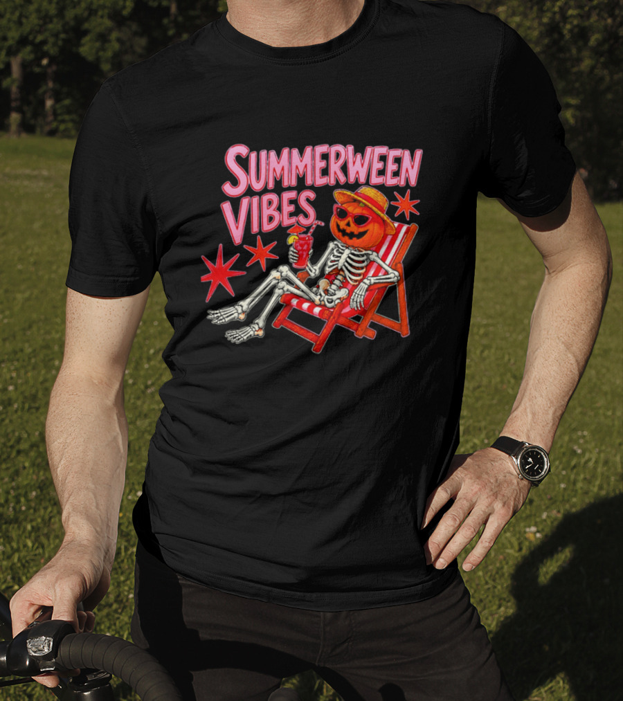Summerween Vibes Skeleton Pumpkin Sunglasses Lounge Chair Drink T-Shirt