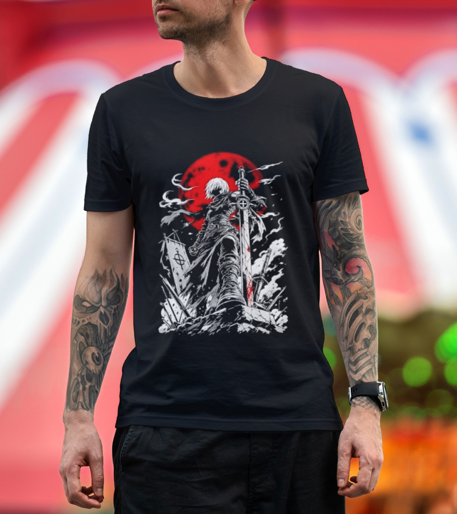 Dark Fantasy Warrior Bloody Sword Red Moon Battlefield Epic Scene T-Shirt