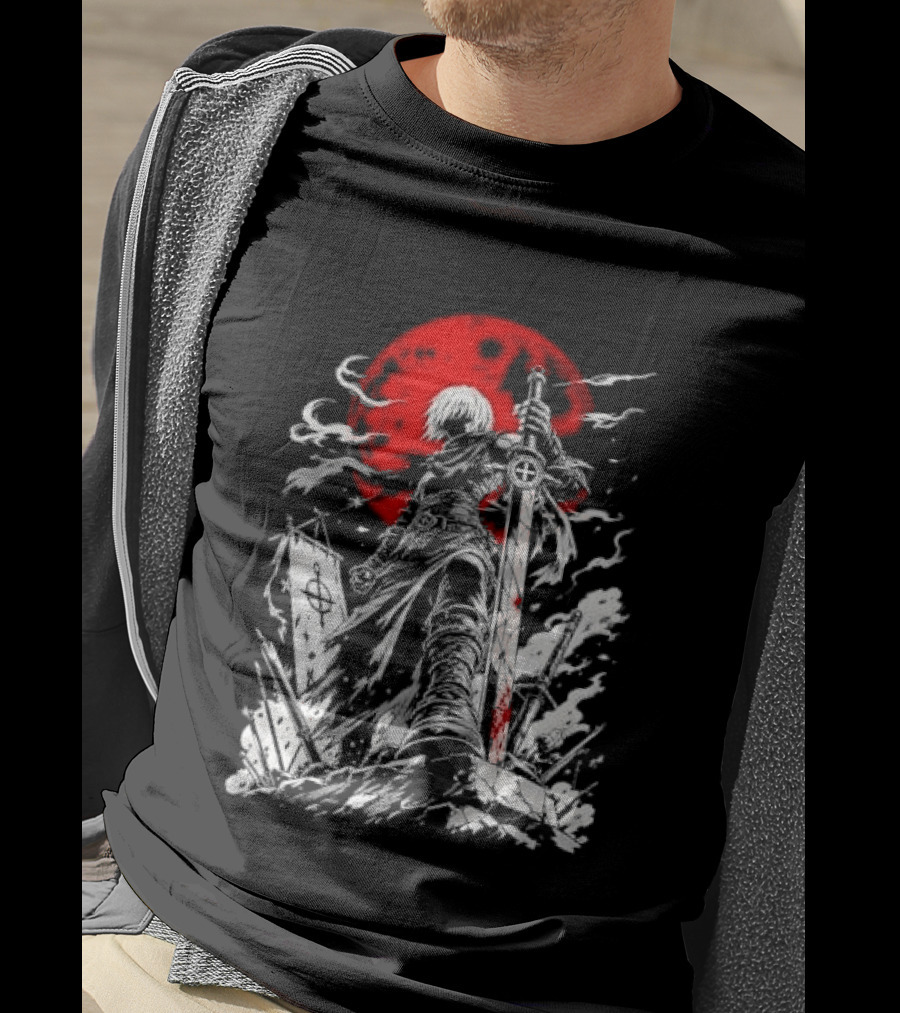 Dark Fantasy Warrior Bloody Sword Red Moon Battlefield Epic Scene T-Shirt