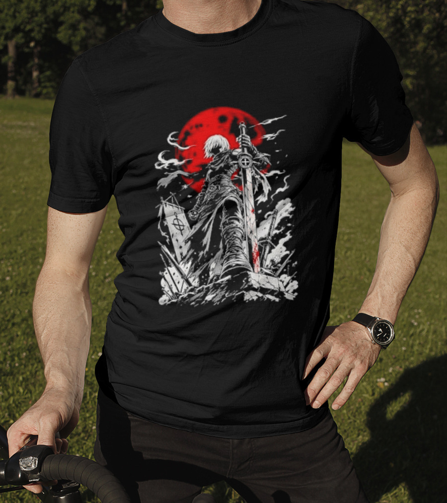 Dark Fantasy Warrior Bloody Sword Red Moon Battlefield Epic Scene T-Shirt