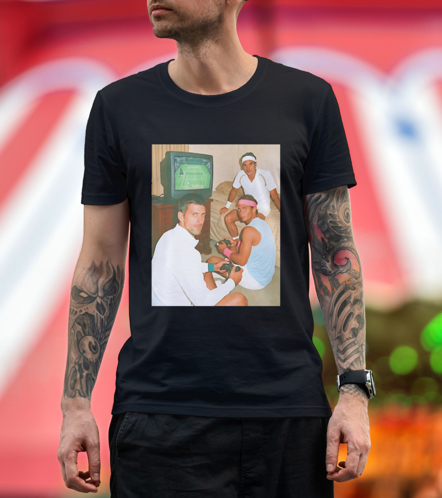 Novak Djokovic Rafael Nadal Roger Federer Playing Tennis Video Game T-Shirt