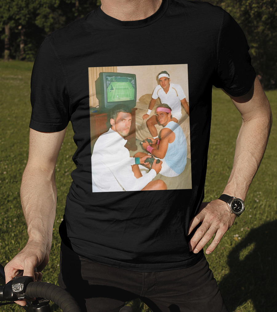 Novak Djokovic Rafael Nadal Roger Federer Playing Tennis Video Game T-Shirt