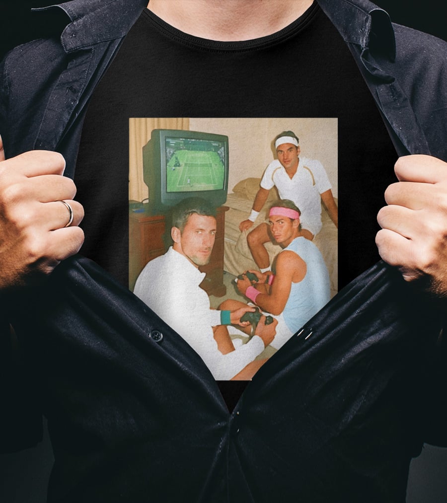 Novak Djokovic Rafael Nadal Roger Federer Playing Tennis Video Game T-Shirt