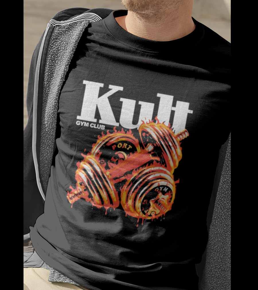 Kult Gym Club Sport Fiery Dumbbells Dripping Lava Distressed T-Shirt