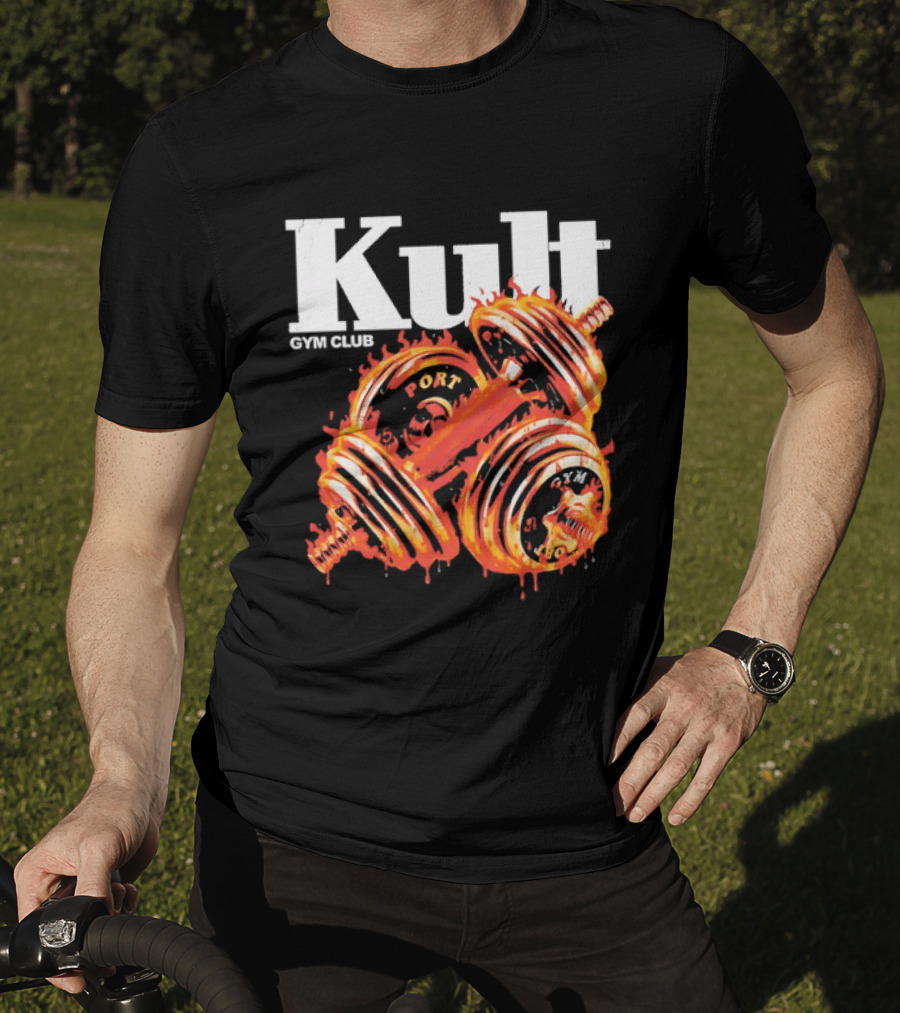 Kult Gym Club Sport Fiery Dumbbells Dripping Lava Distressed T-Shirt