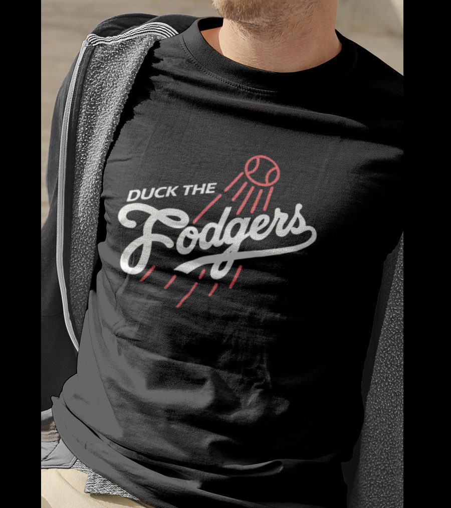 Duck The Fodgers White Script Flying Baseball Red Motion Lines T-Shirt
