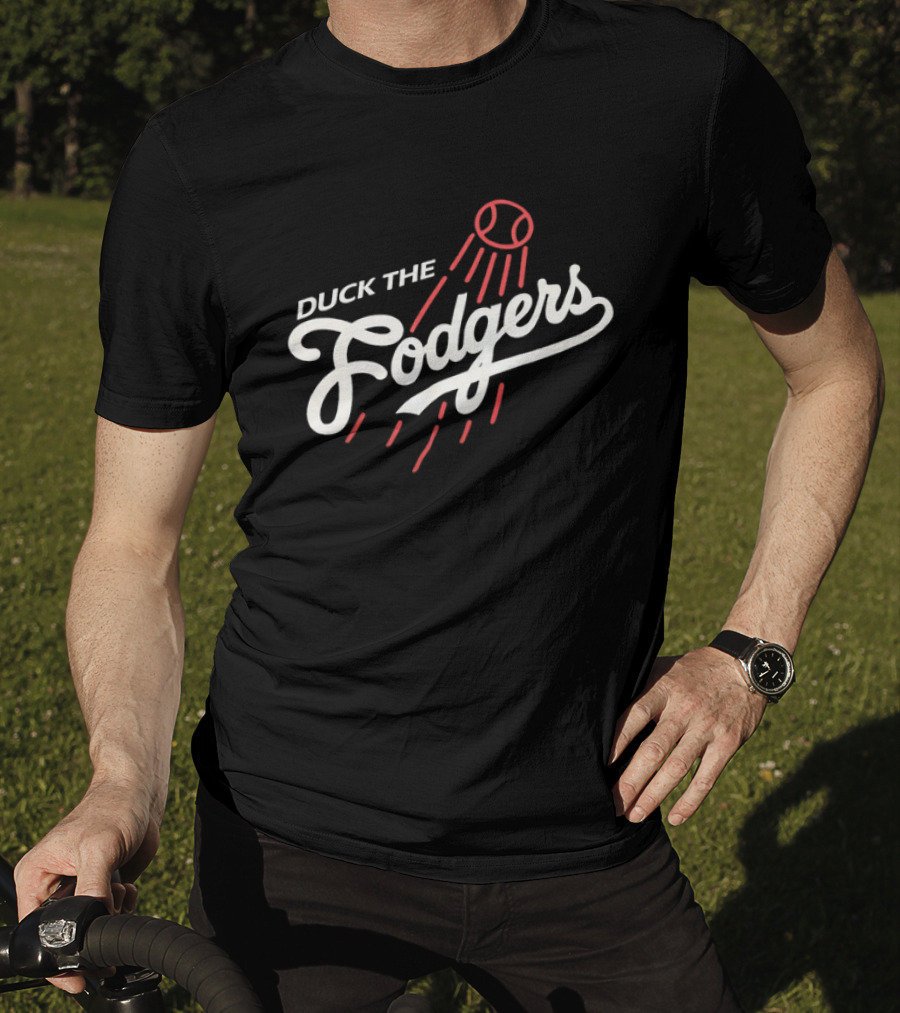Duck The Fodgers White Script Flying Baseball Red Motion Lines T-Shirt