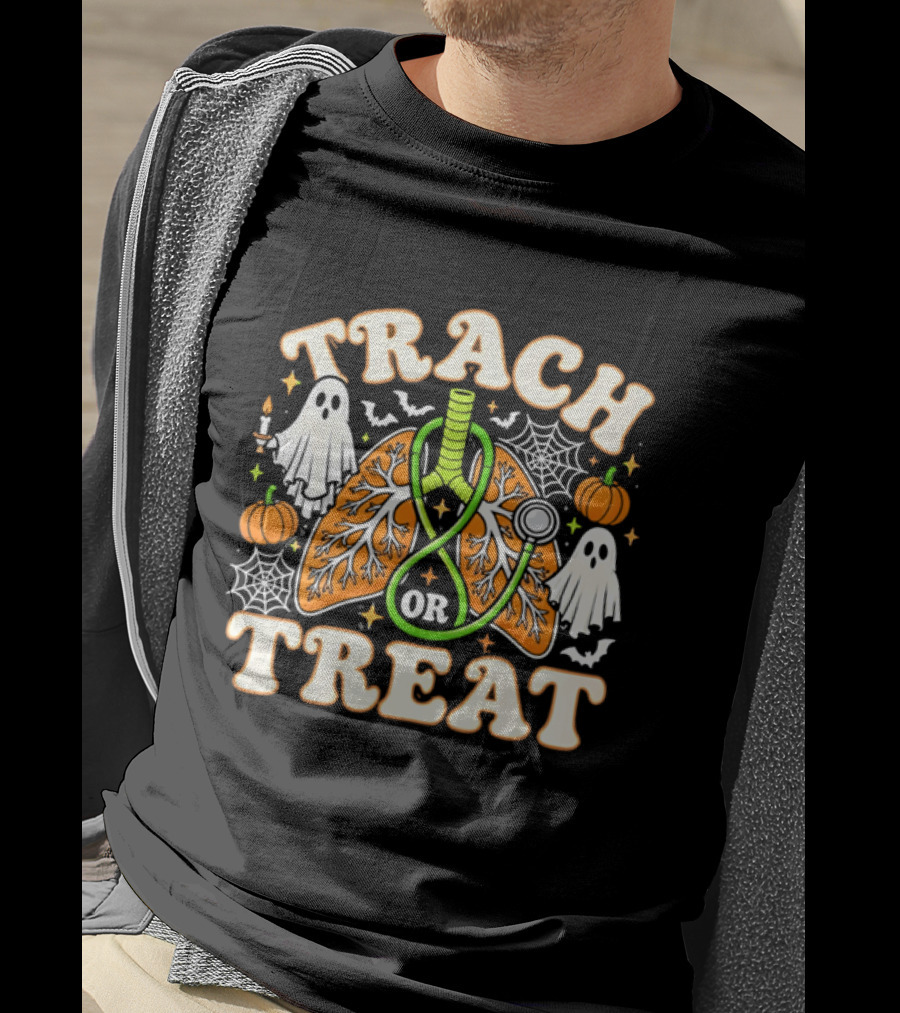 Trach Or Treat Lungs Stethoscope Ghosts Pumpkins Spider Webs Halloween Cartoon T-Shirt