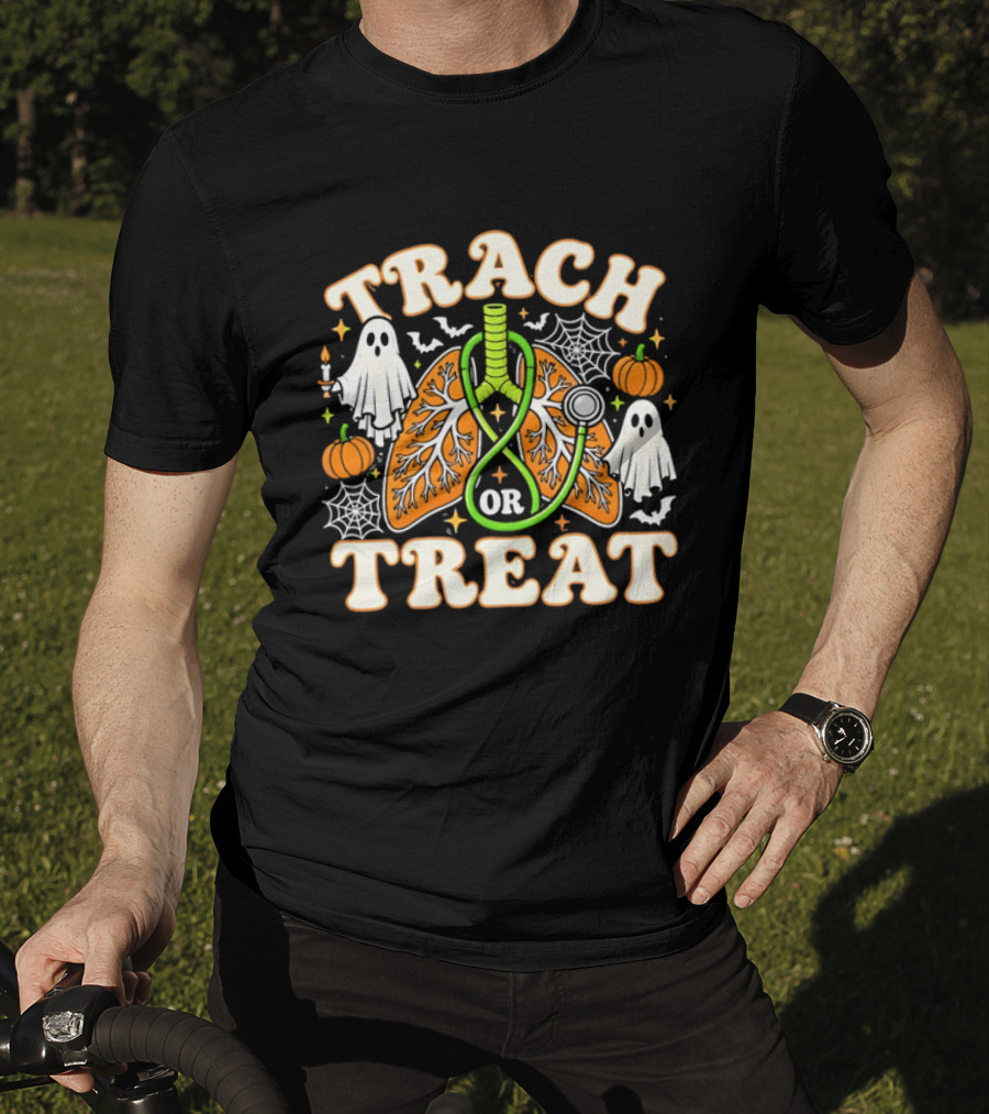 Trach Or Treat Lungs Stethoscope Ghosts Pumpkins Spider Webs Halloween Cartoon T-Shirt