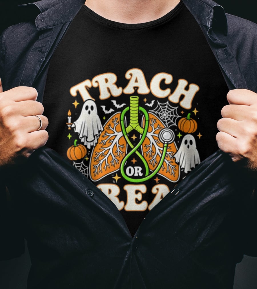 Trach Or Treat Lungs Stethoscope Ghosts Pumpkins Spider Webs Halloween Cartoon T-Shirt