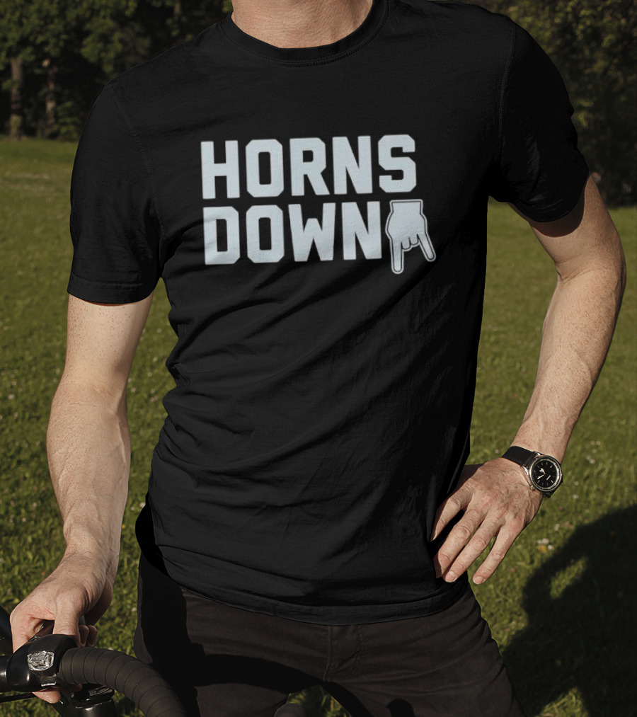 Horns Down Hand Gesture Block Lettering Pointing Finger Sign T-Shirt