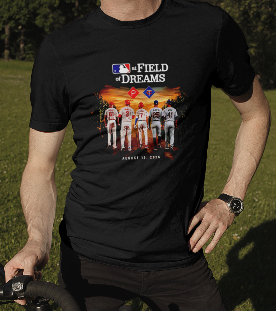 MLB At Field Of Dreams August 13 2026 Philadelphia Minnesota Players Walking Into Cornfield T-Shirt