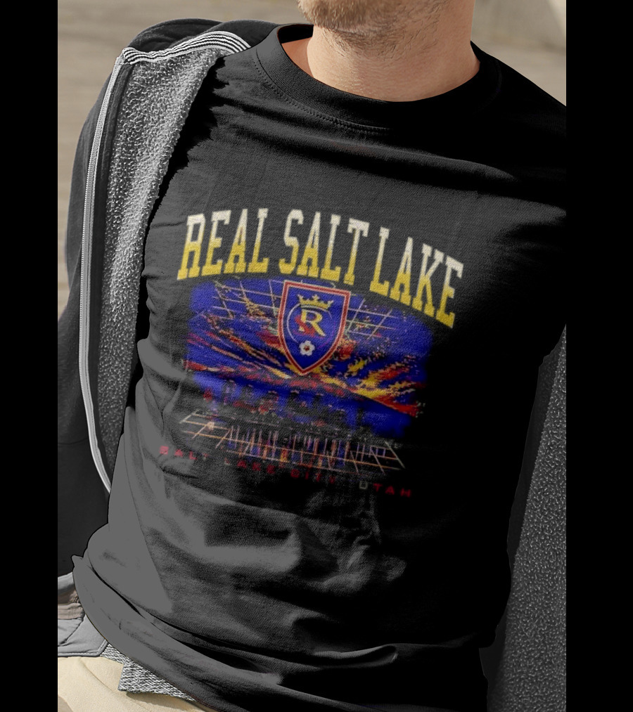 Real Salt Lake City Utah Skyline Crest Sunset Grid Distressed T-Shirt