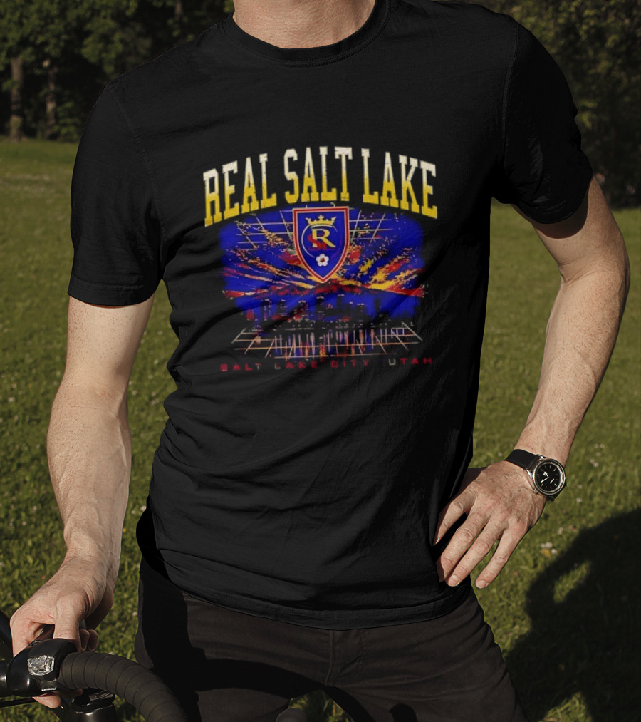 Real Salt Lake City Utah Skyline Crest Sunset Grid Distressed T-Shirt