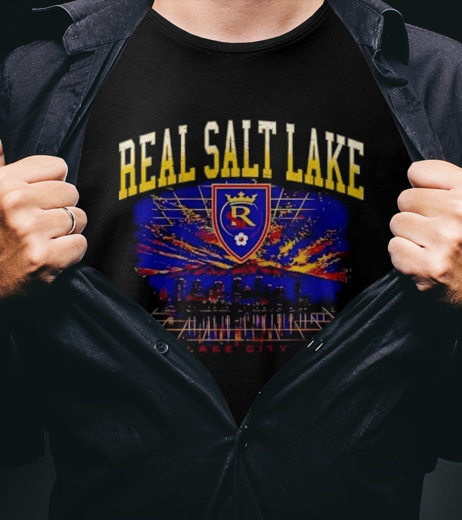 Real Salt Lake City Utah Skyline Crest Sunset Grid Distressed T-Shirt