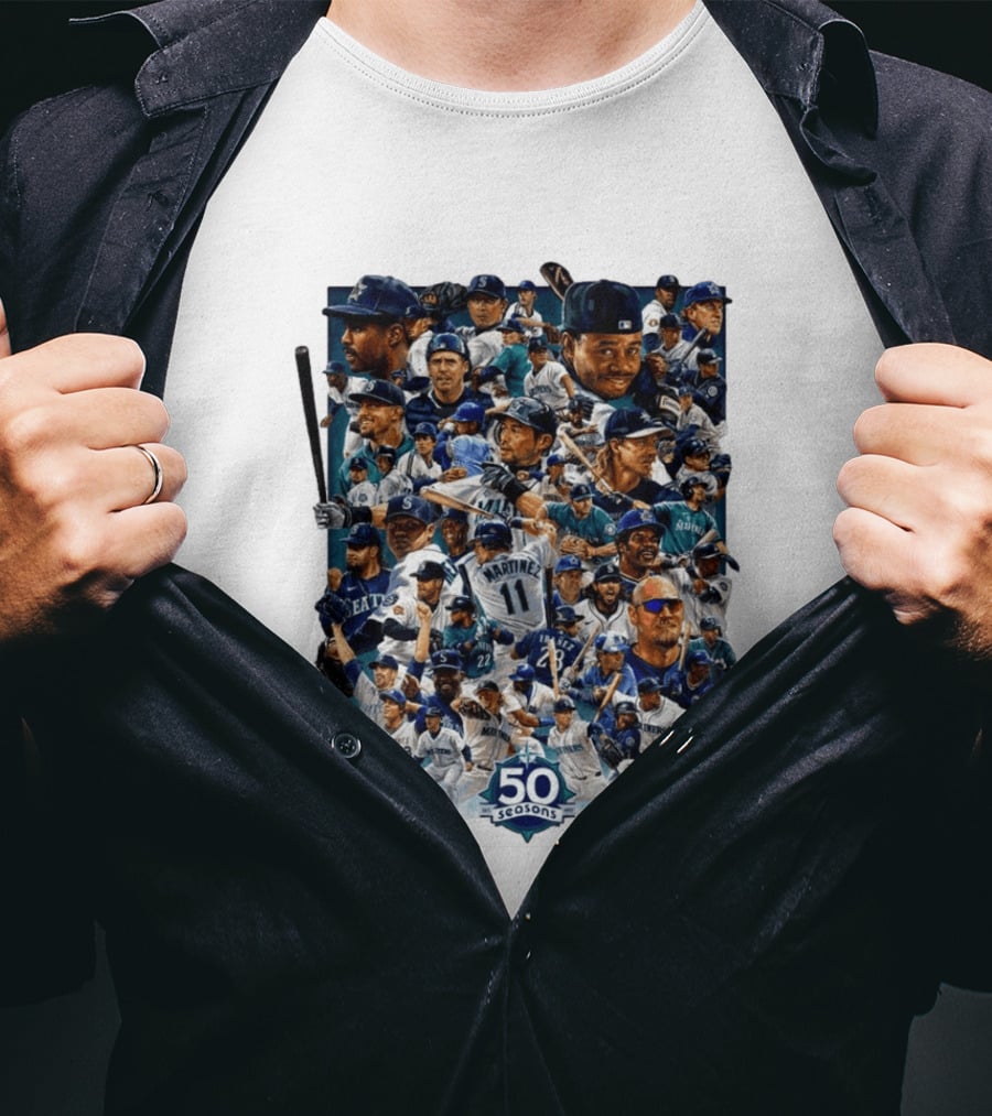Seattle Mariners 50 Seasons Collage MLB Players Legends And Moments T-Shirt