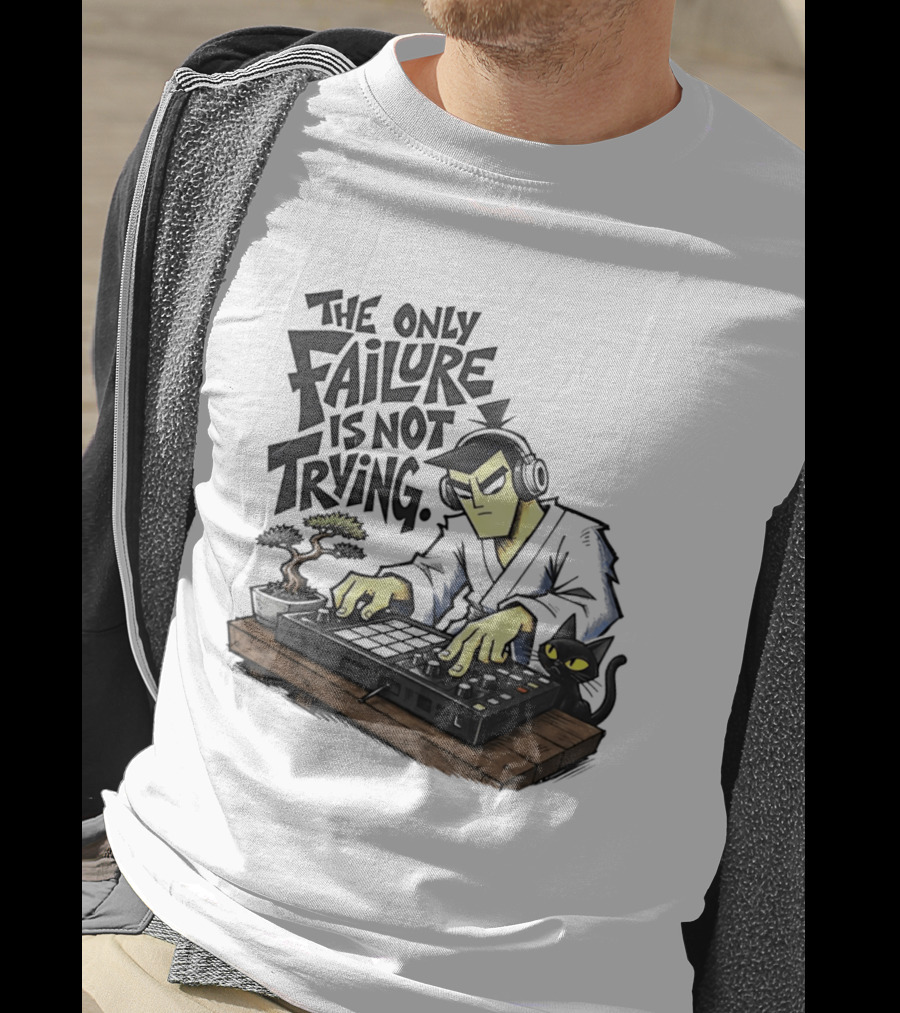 The Only Failure Is Not Trying Samurai DJ With Cat And Bonsai T-Shirt