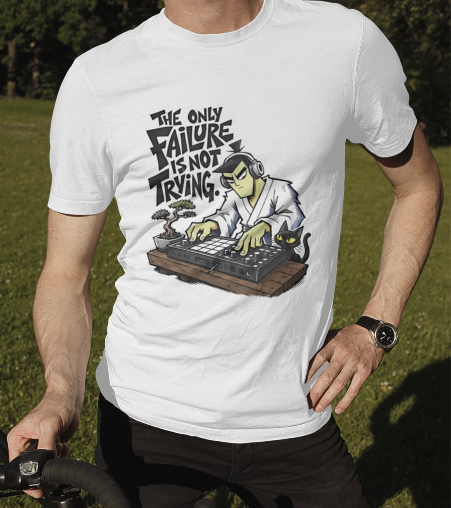 The Only Failure Is Not Trying Samurai DJ With Cat And Bonsai T-Shirt