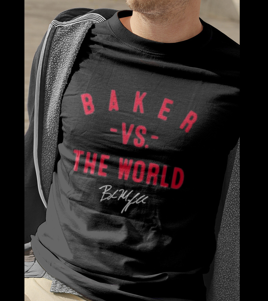 Baker Vs The World Red Curved Block Mayfield Signature T-Shirt