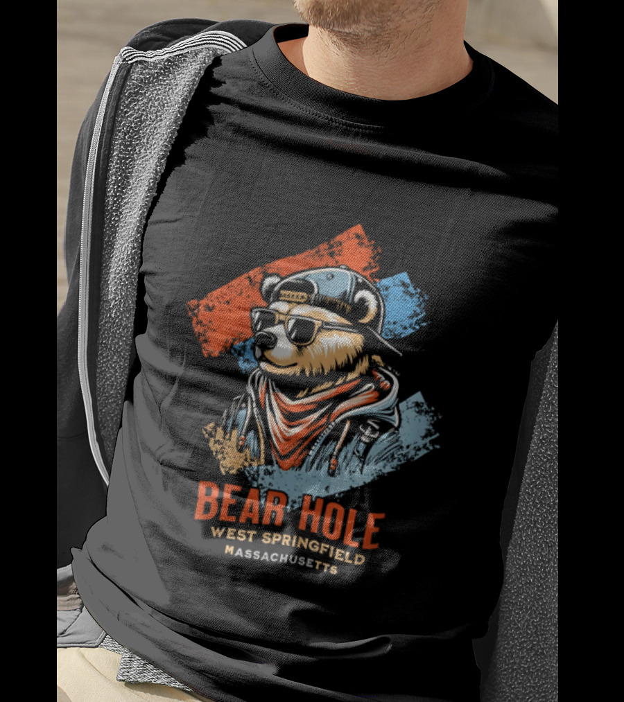 Bear Hole West Springfield Massachusetts Bear Wearing Sunglasses Cap Bandana Distressed T-Shirt