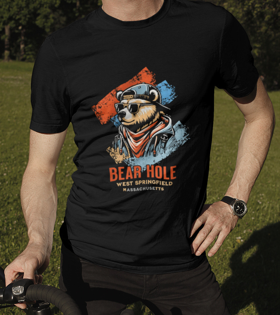 Bear Hole West Springfield Massachusetts Bear Wearing Sunglasses Cap Bandana Distressed T-Shirt