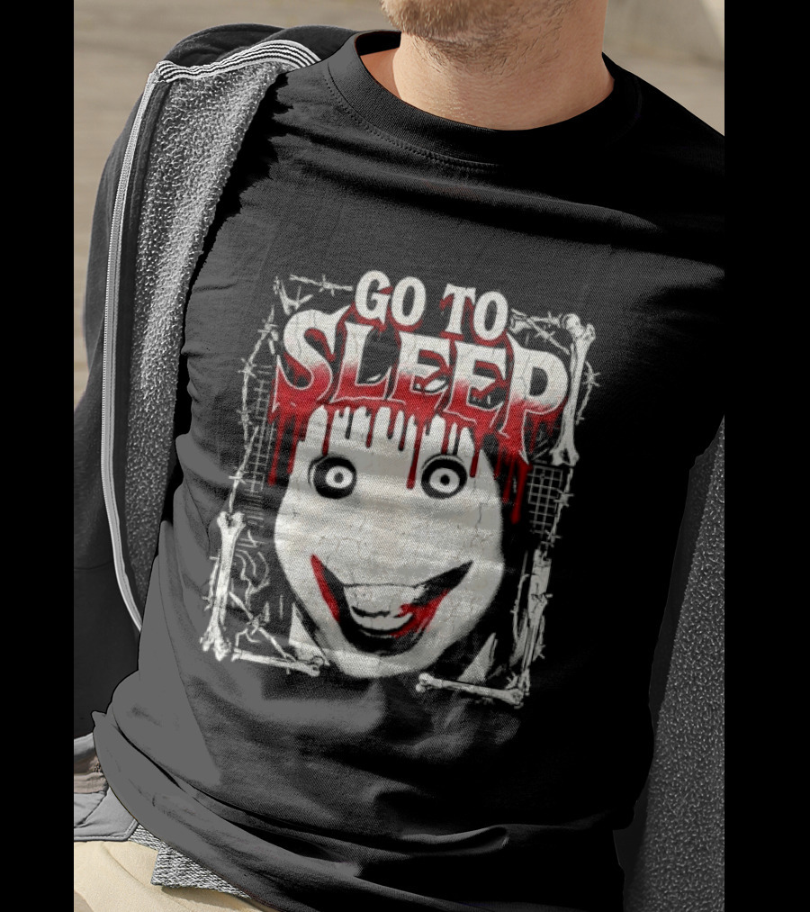 Go To Sleep Creepy Pale Face Bloody Smile Barbed Wire Bones T-Shirt