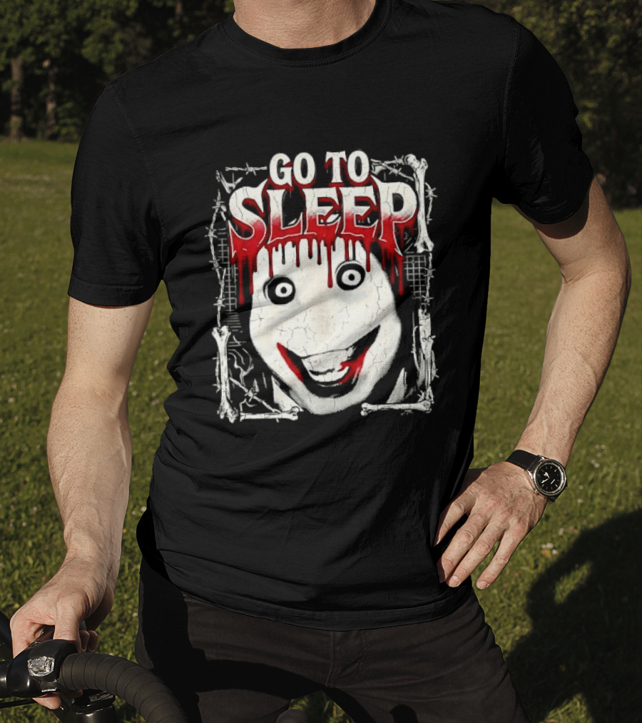 Go To Sleep Creepy Pale Face Bloody Smile Barbed Wire Bones T-Shirt
