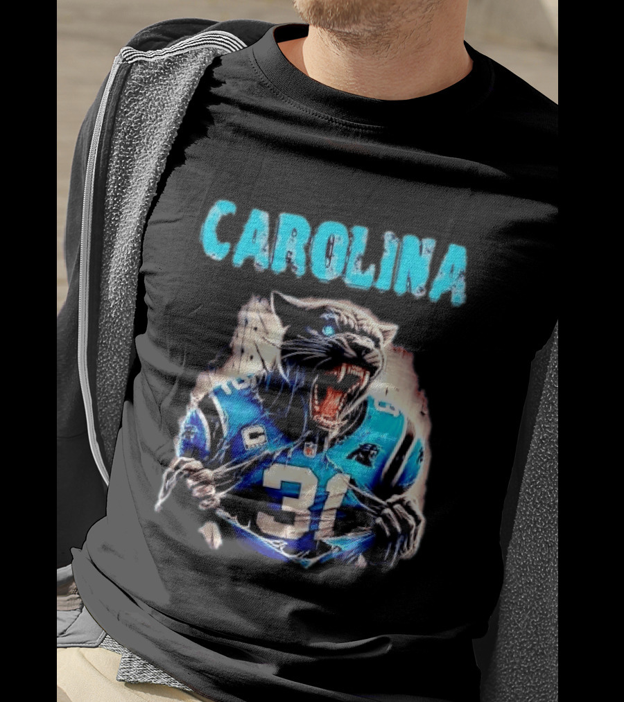 Carolina Panthers Snarling Beast Tearing Blue Jersey 31 T-Shirt