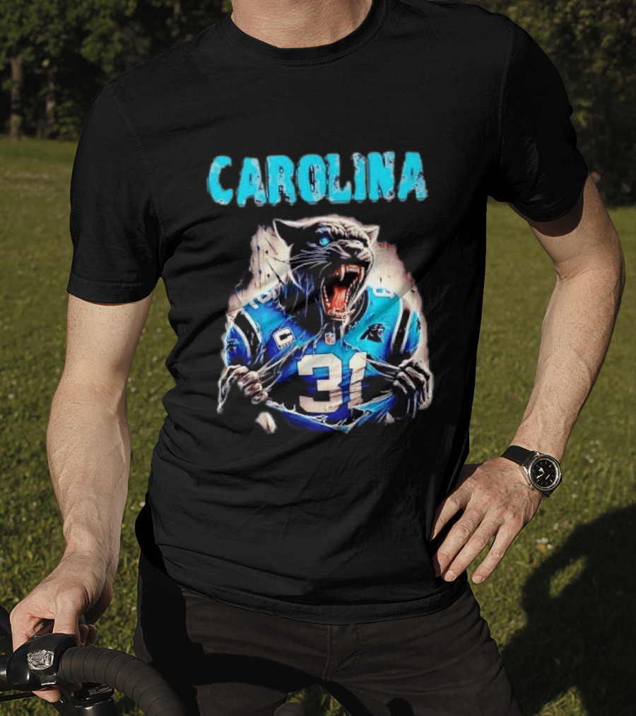 Carolina Panthers Snarling Beast Tearing Blue Jersey 31 T-Shirt