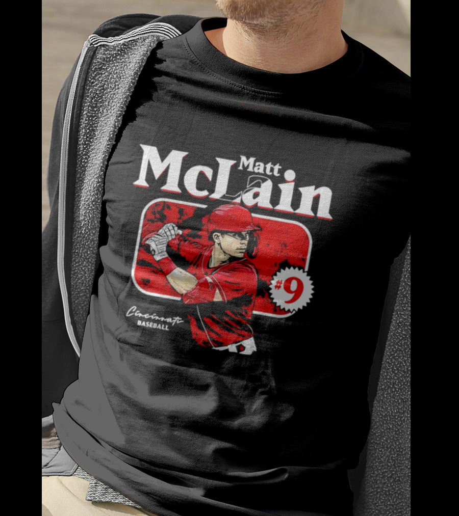 Matt McLain Cincinnati Baseball Number 9 Batter Stance Red Frame T-Shirt