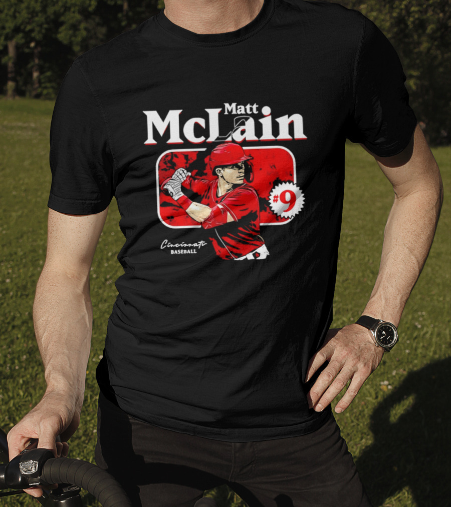 Matt McLain Cincinnati Baseball Number 9 Batter Stance Red Frame T-Shirt