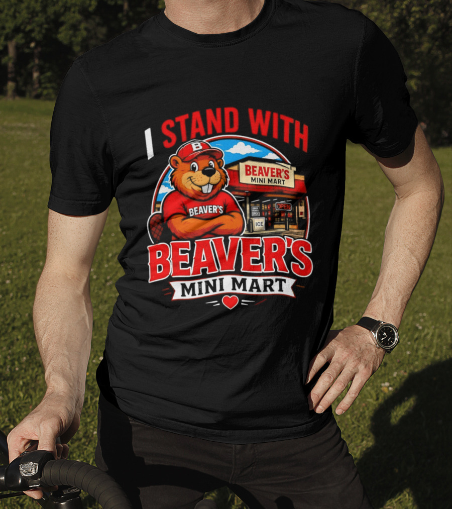 I Stand With Beaver's Mini Mart Cartoon Character Storefront T-Shirt